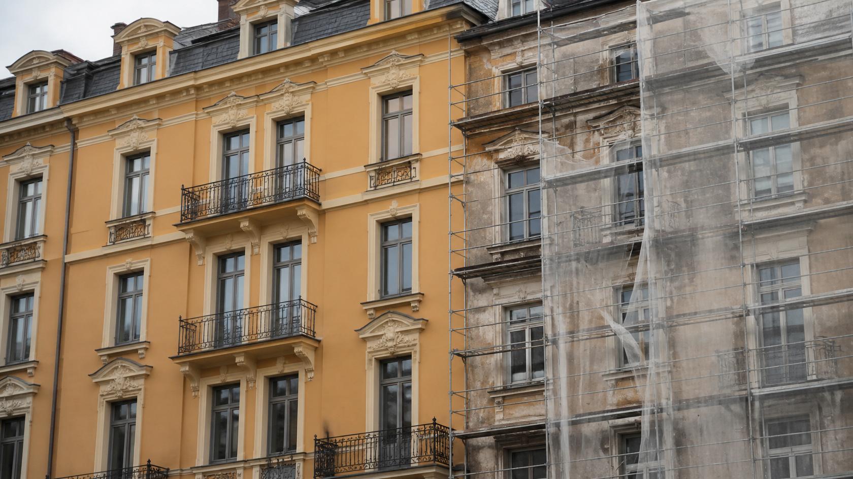 Sanierte Altbaufassade mit Gerüst
